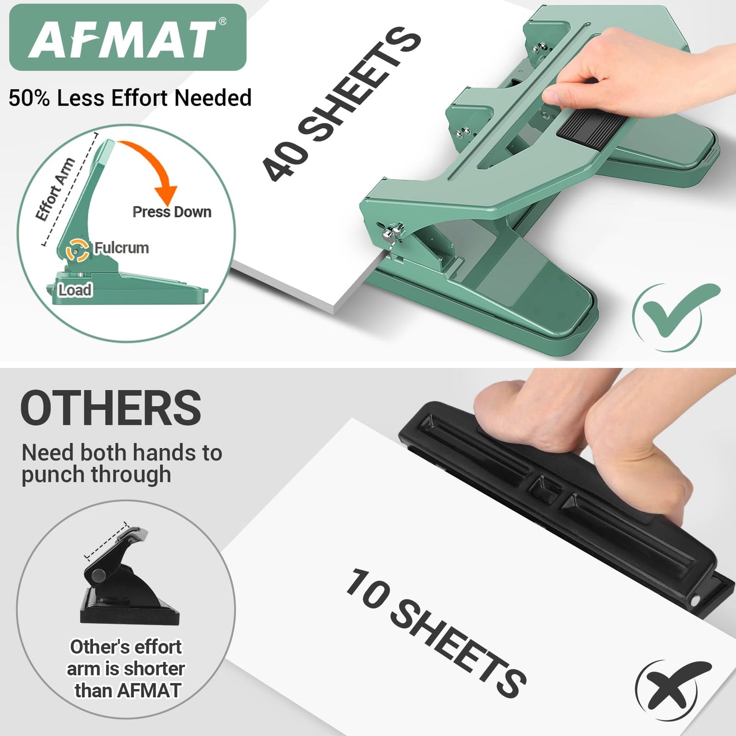 AFMAT Heavy Duty 3 Hole Puncher, 40-Sheet Three Hole Punch Heavy Duty, 50% Reduced Effort Paper Punch, 10K+ Uses, Metal Hole Puncher 3 Ring w/Large Tray, Bulit-in S.S. Paper Guide HPX2(Green)