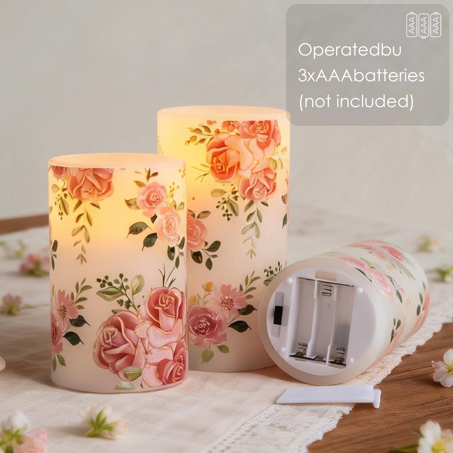 LUSHARBOR Flameless Candles with Remote, Battery Operated Candles Real Wax Pink Rose Flickering LED Candles Floral Christmas Decor Electric Pillar Candles Set of 3