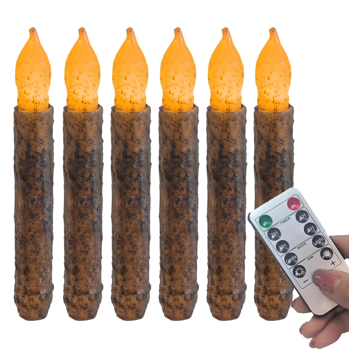 Aulaygo 6PCS Primitive Taper Candle with Timer Remote Control,Real Wax Hand Dipped Rustic Flameless Candles Battery Operated for Halloween Christmas Country Home Decor Church