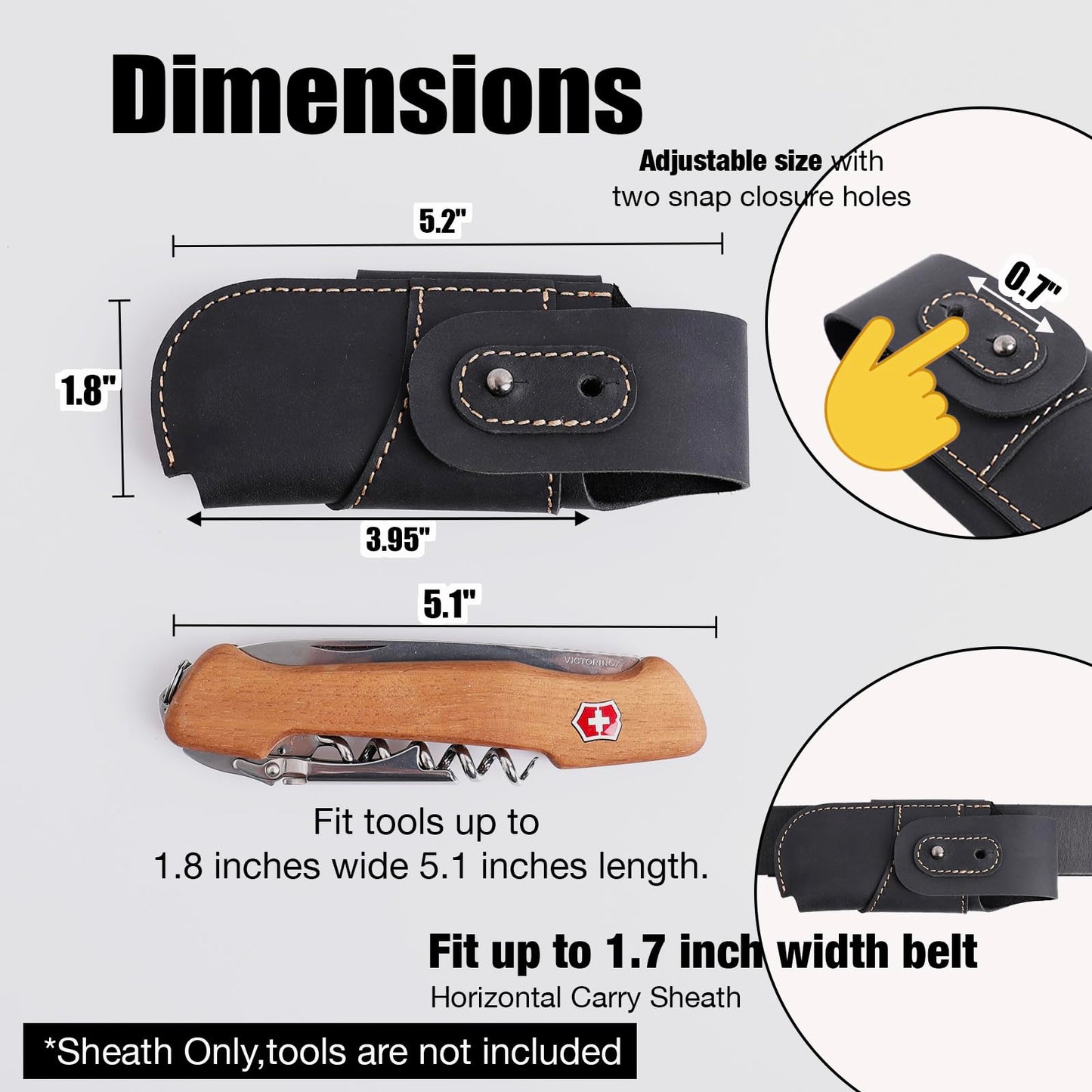 Topstache Leather Knife Sheath for Belt - Horizontal Carry Knife Holster - EDC Belt Organizer - Leather Multitool Sheath Pouch with Two Snap Closure for Folding Knife, Black