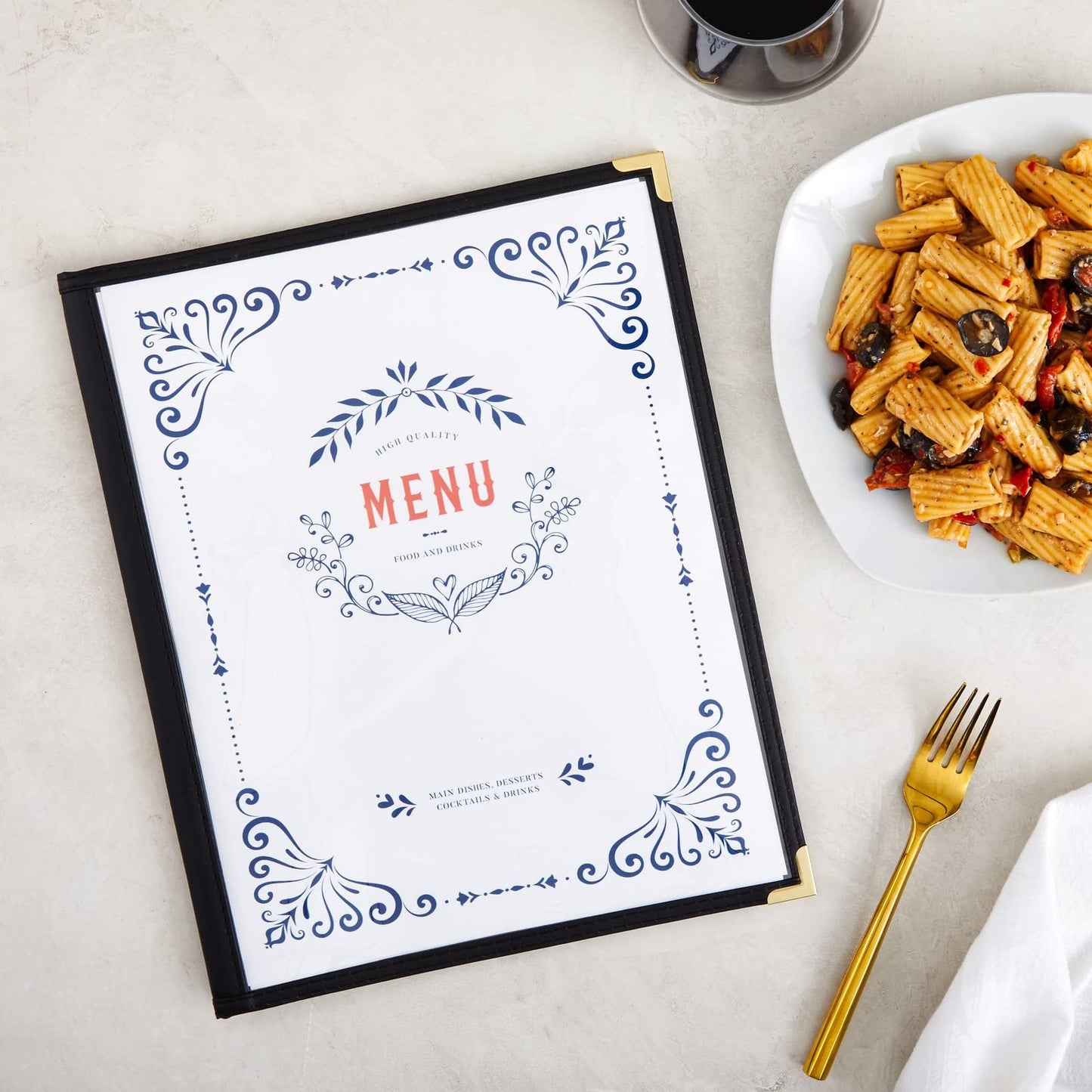 Juvale Clear Menu Covers 8x11 in 4 View - 12-Pack, Letter Size Black PU Leather - Double Panel Clear Sleeves & Gold Metal Corners - Menu Holders for Restaurants & Bars