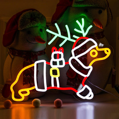 Christmas Dachshund Neon Sign Santa Hat LED Xmas Gift for Children Kids Pet Lovers Deer Antlers LED Lamp for Bedroom Home Shop The Holiday Animal Lights