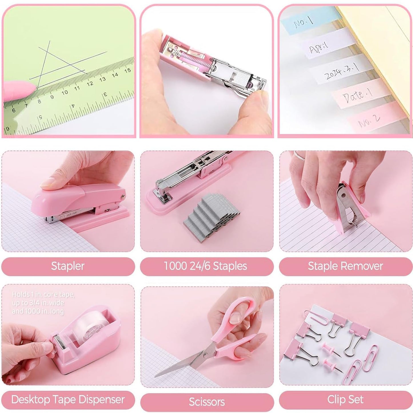 12 Pack Office Supply Kit,Pink Office Supplies Includes Stapler,Tape Dispenser,Staple Remover,Staples,Clips,Scissor,Staples,Clips,Scissor,Ruler and Tabs