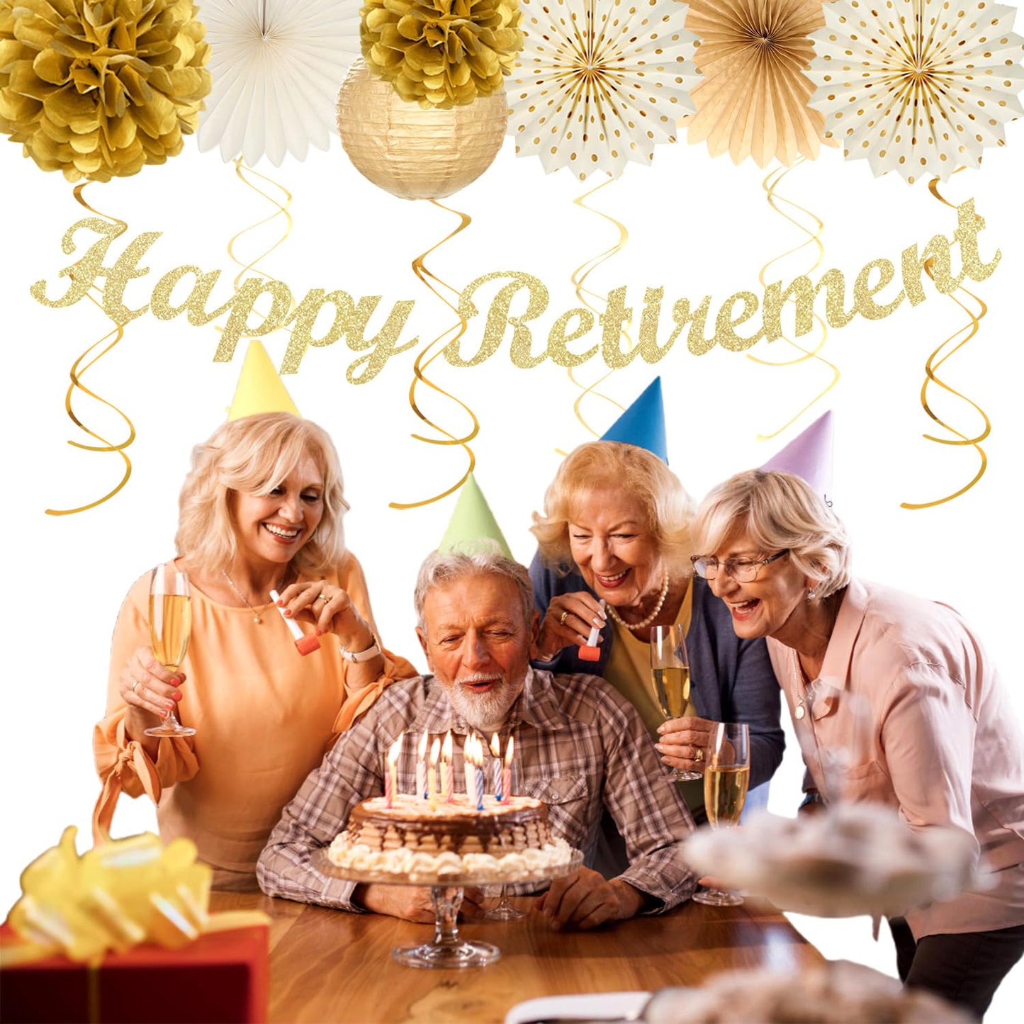 Beige-Gold Happy Retirement Party Decorations Banner Women Men Huglony