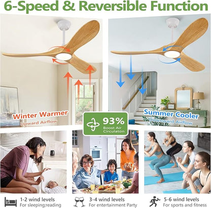 52 inch Natural Wood Ceiling Fan with Light and Remote Control,Ceiling Fans with Lights, 3CCT, Dimmable, Quiet Reversible Motor, Modern Ceiling Fan for Bedroom Indoor/Outdoor Use