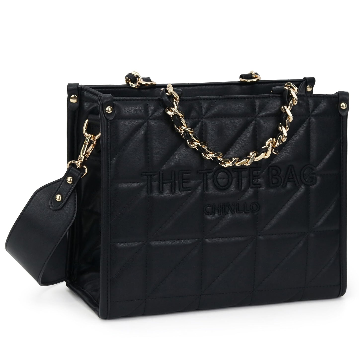 Chinllo Tote Bag for Women Laptop Quilted Chains Satchel Purse and Handbags with Shoulder Strap (E.Black-L)