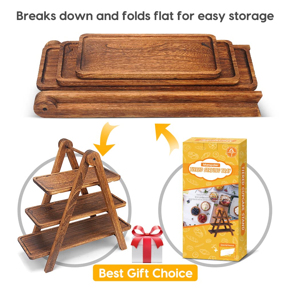 Manspdier Extra Large Wood 3 Tier Serving Tray Three Tiered Cupcake Stand, Rectangle Serving Platter Wooden Farmhouse Tiered Tray, Party Serving Brown Decorative Tray Decor
