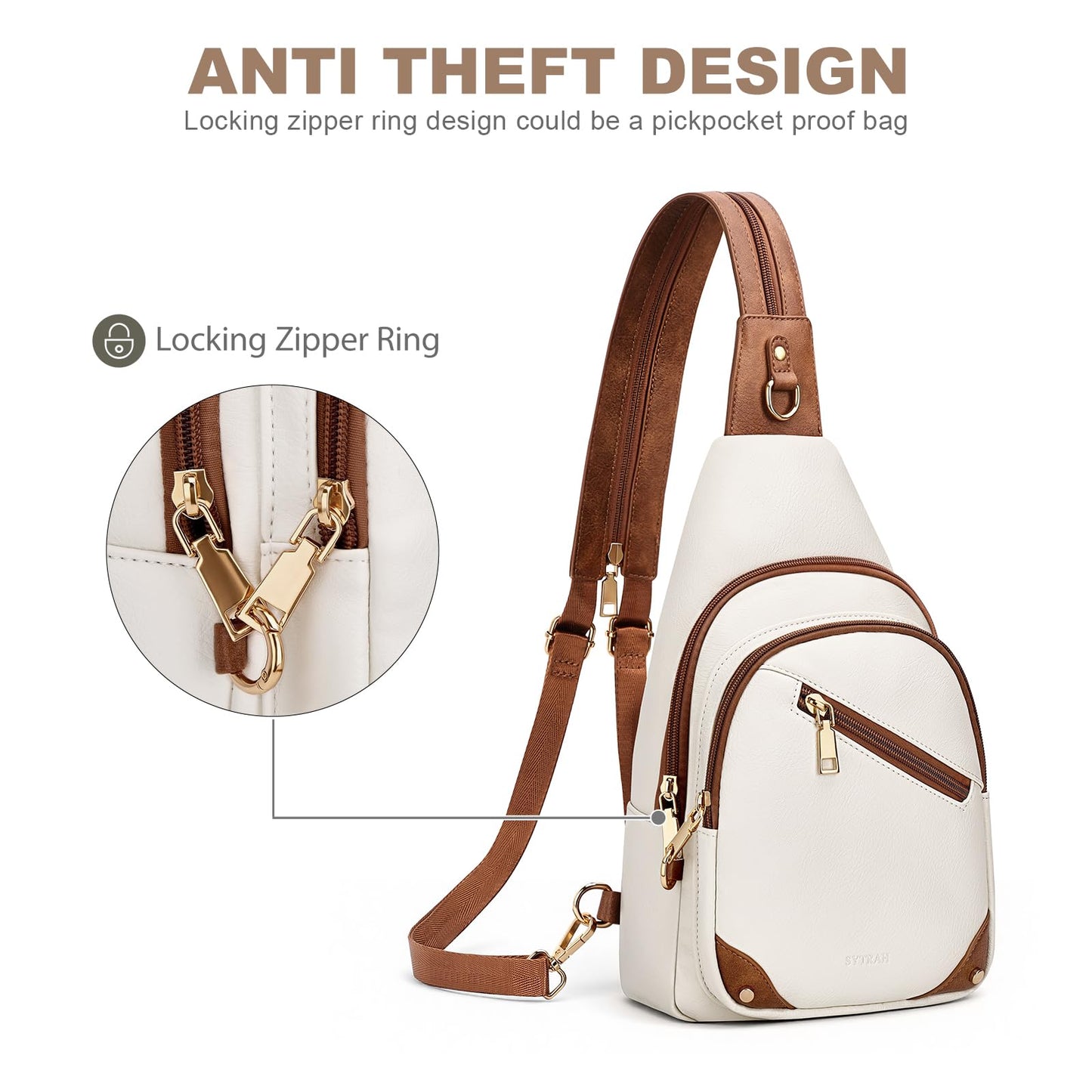 SYTRAH Anti Theft Sling Bag for Women, RFID Crossbody Purses Convertible Sling Backpack, Cross Body Purse Chest Bag for Travel Daily Use Beige Brwon