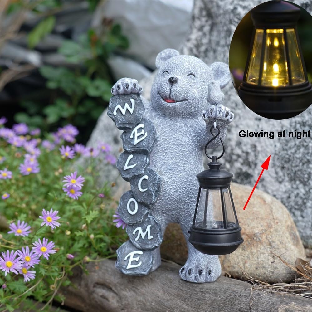 Youfui Bear Figurine Light Solar Powered Led Light- Welcome Lawn Decor Bear Garden Statues for Patio, Balcony, Yard Ornament, Outdoor Figurine Light House Housewarming Gifts, 7.8x4.13inch