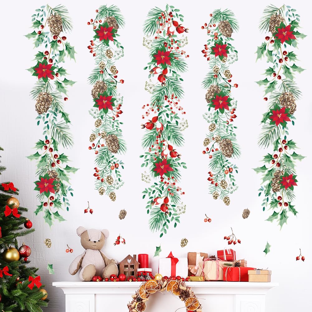Christmas Garlands Wall Stickers Christmas Pine Cones Red Berry Vine Wall Decals Hanging Poinsettia Green Leaves Flower Window Decals for Xmas Winter Party Home Office Classroom Festival Decoration