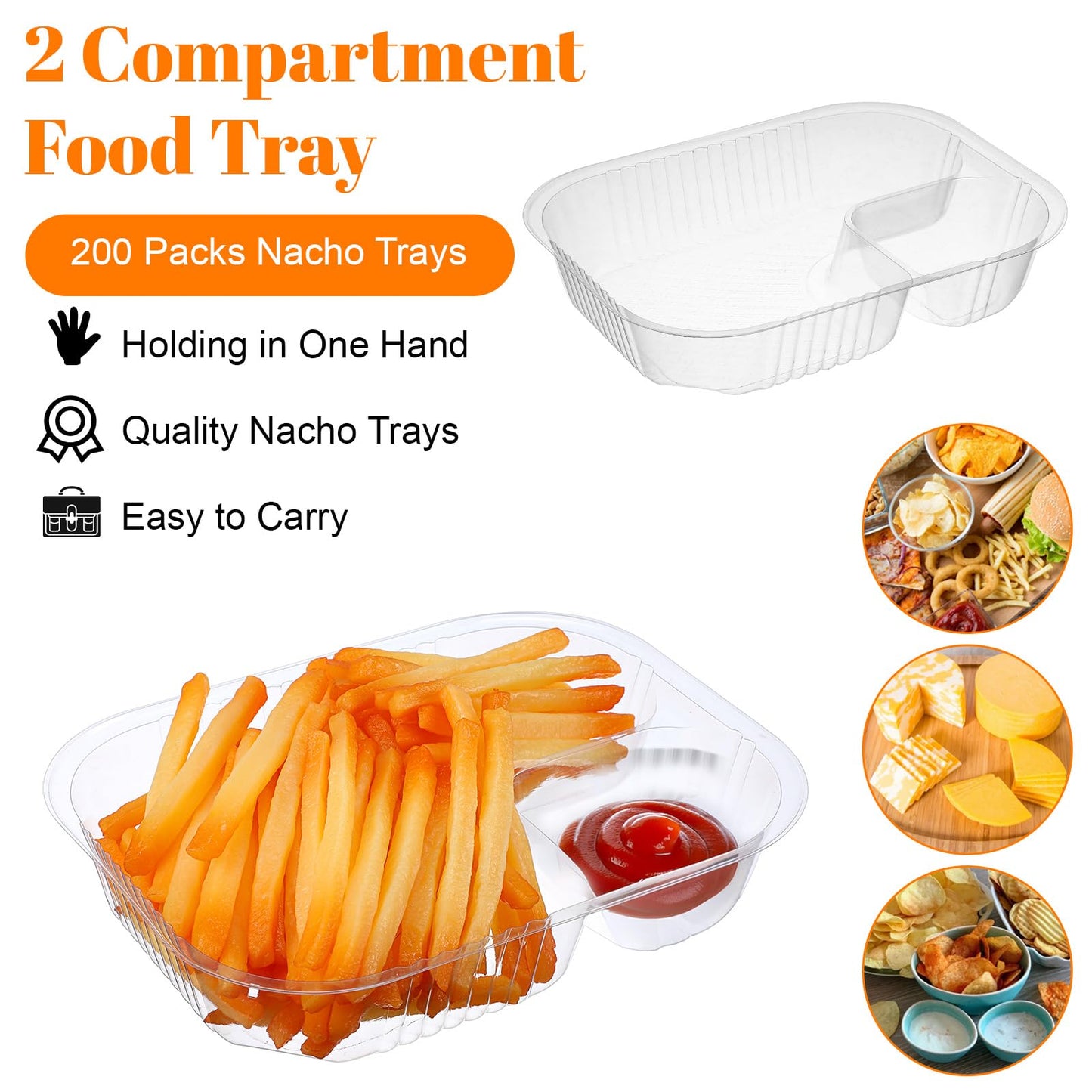 200 Pack 22 oz Nacho Trays, 6" x 8" Plastic 2 Compartment Food Serving Trays Disposable Sauce Cheese Dip Tray for Concession Stands Movie Night Carnival Christmas Party Snack Taco Chip Supplies