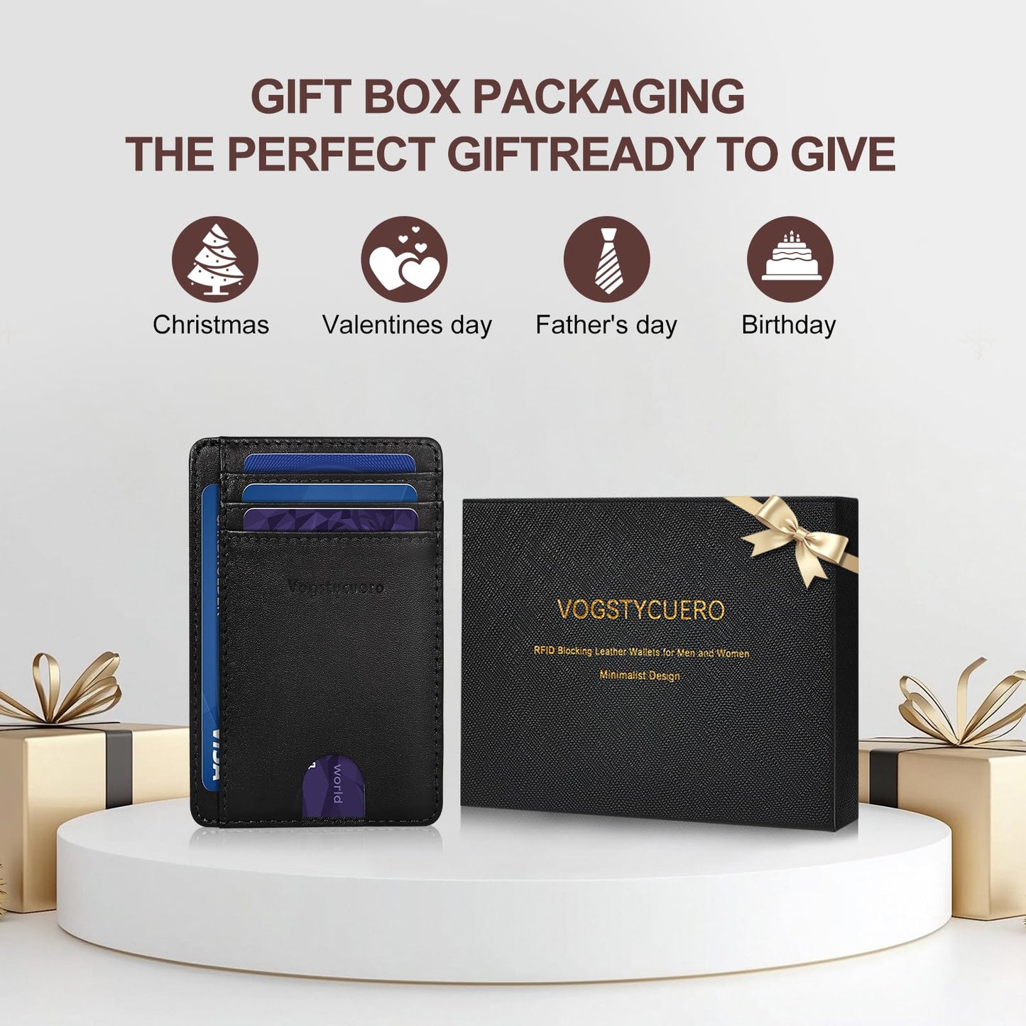 VOGSTYCUERO Slim Minimalist Front Pocket Thin Wallet RFID Blocking 100% Genuine Grain Leather Credit Card Holder for Men Women with Gift Box - Grain Leather Black