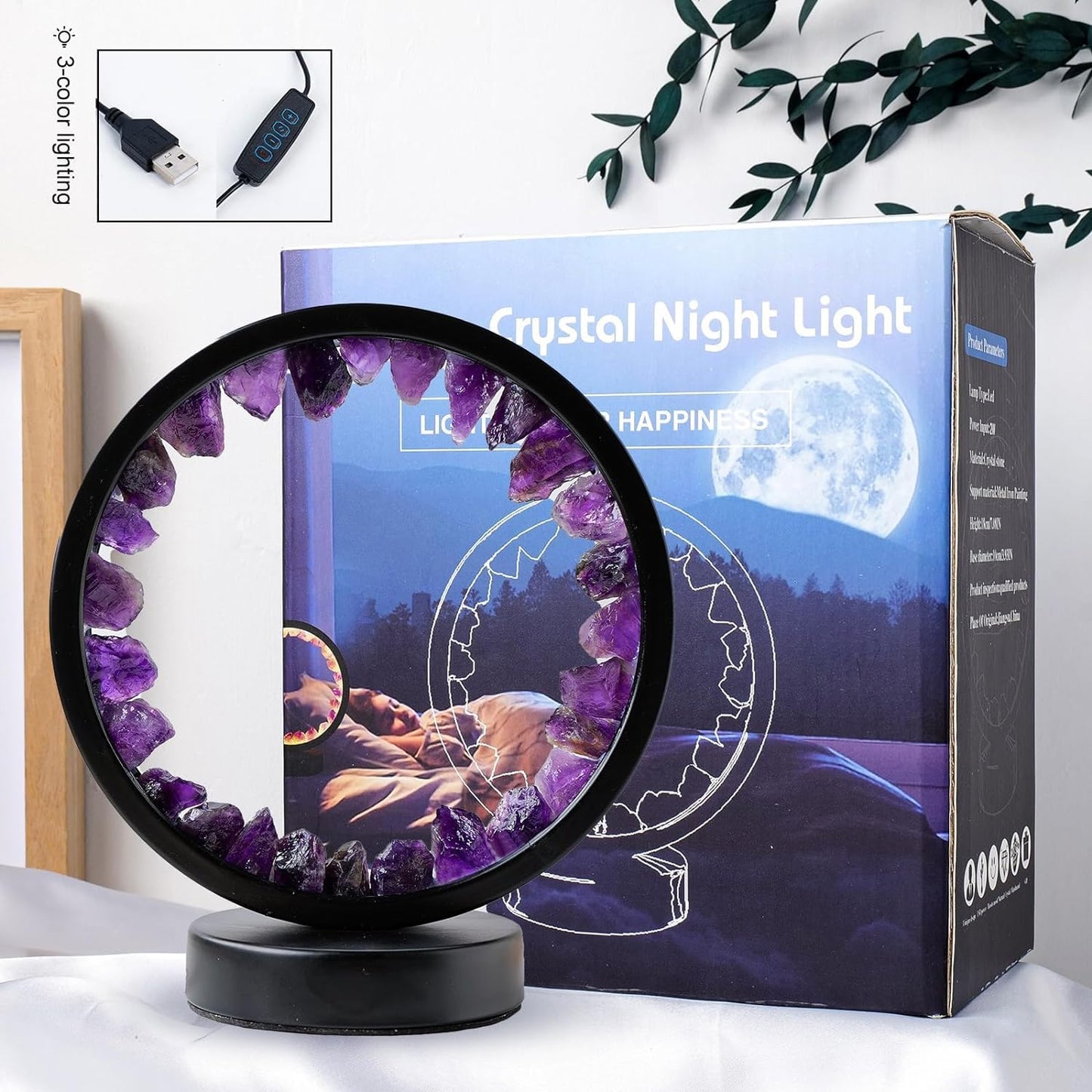 Runyangshi Runyansghi Amethyst Night Lamp 8.6'' Natural Healing Crystal Bedside USB Port 3 Colours Dimming Mode Bedroom Suitable Light for Living Room Office Home Decor Ideal Gift