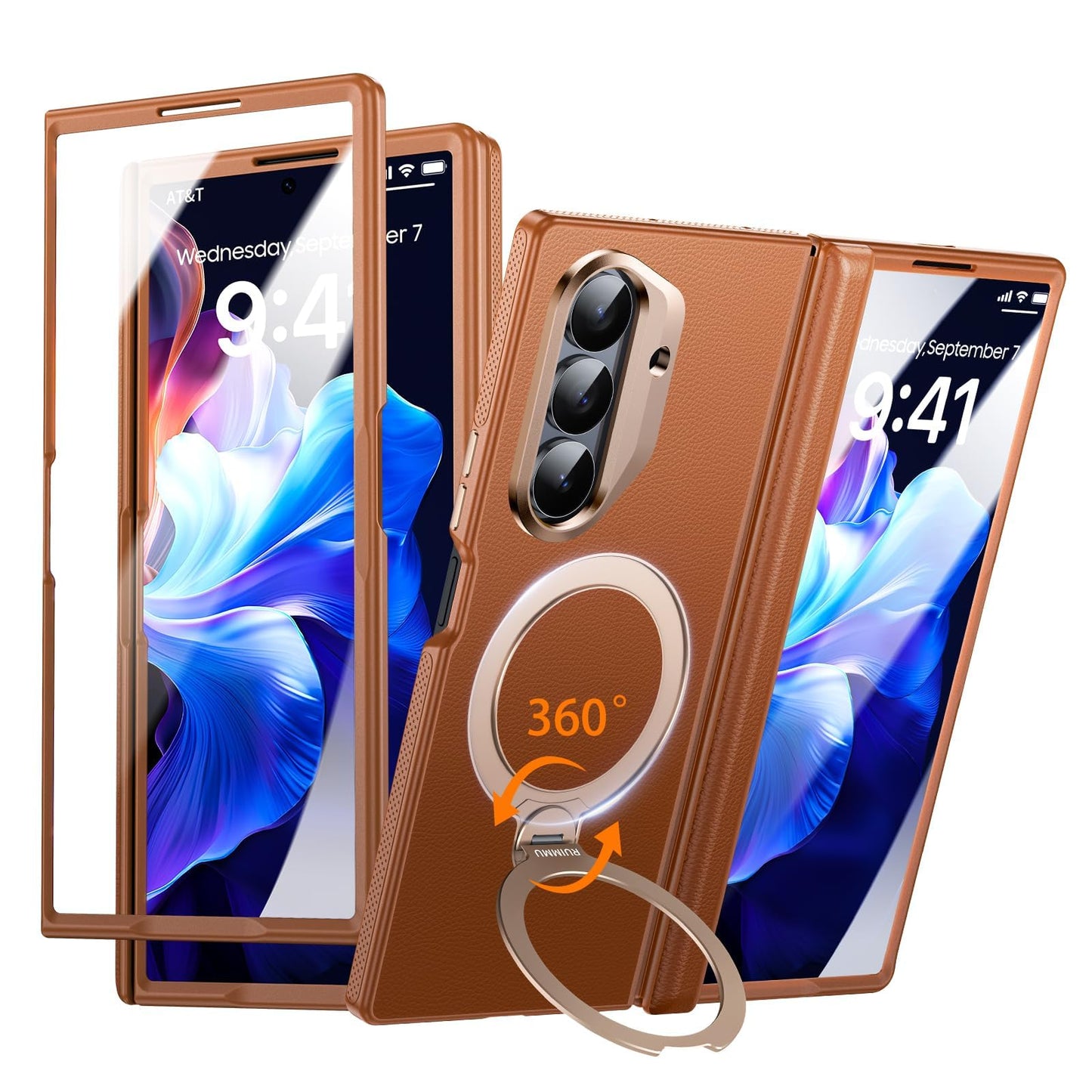 RUIMMU for Samsung Galaxy Z Fold 7 Case - Luxury Leather Texture Zfold 7 Case with Screen Protector, Kickstand and 360° Ring Holder Brown