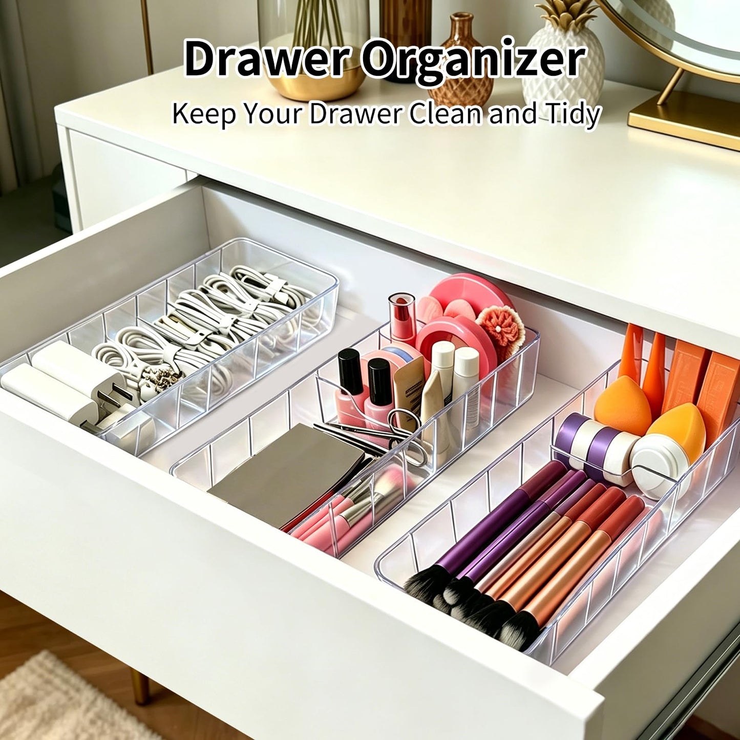 2 Pack Cable Organizer Box with Lid - Stackable Charger Cord Storage Organizer with 20 Wire Ties - Adjustable Compartments Phone Cables Wire Management Box for Drawer Desk Office Home Accessories
