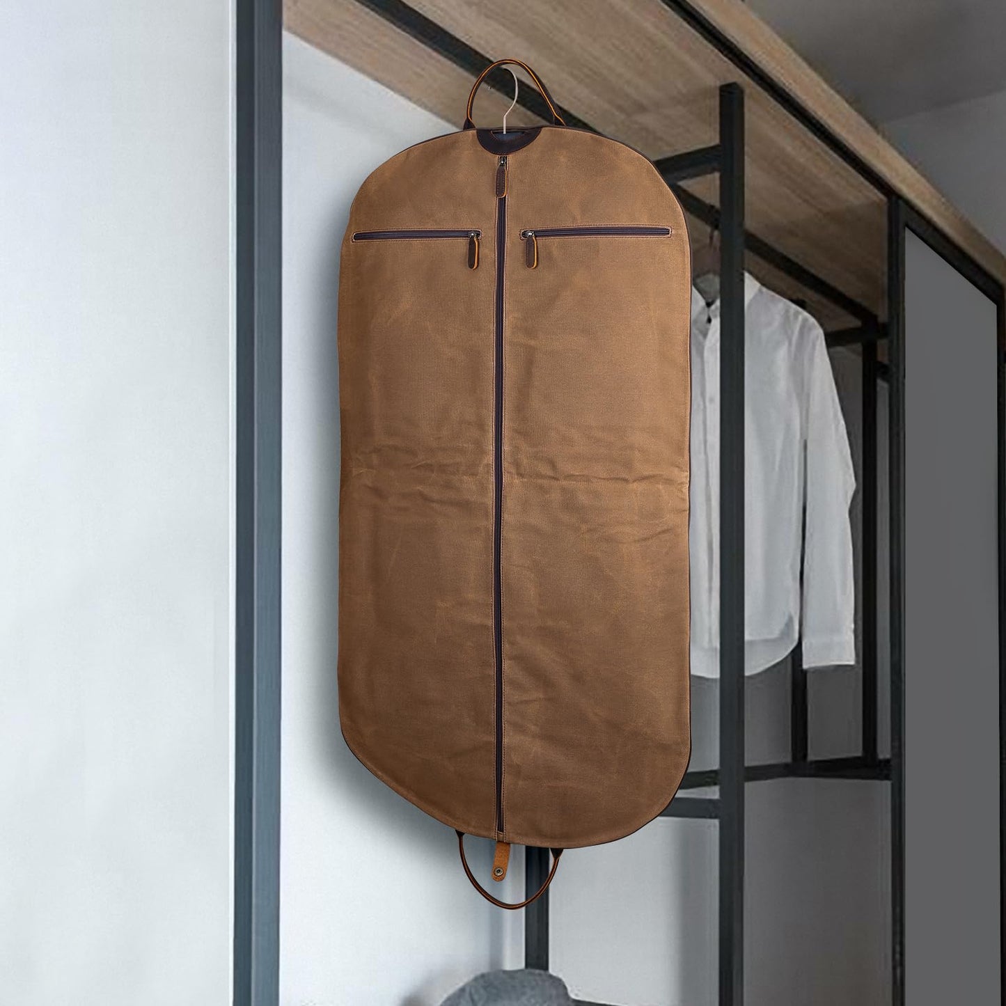 Polare 43” Waxed Canvas Full Grain Leather Trim Carry On Garment Bag for Travel, Waterproof Dust-Proof Foldable Hanging Suitcase Weekender Garment Cover with YKK Zipper
