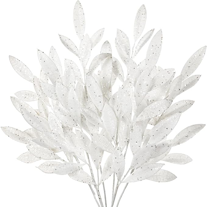 DILATATA 6Pcs Christmas Glitter Leaves Bay Leaves Spray 24" Artificial White Bay Leaf Picks Sprays Giltter Stems for Halloween Centerpiece Christmas Home Decor Home Decor - White