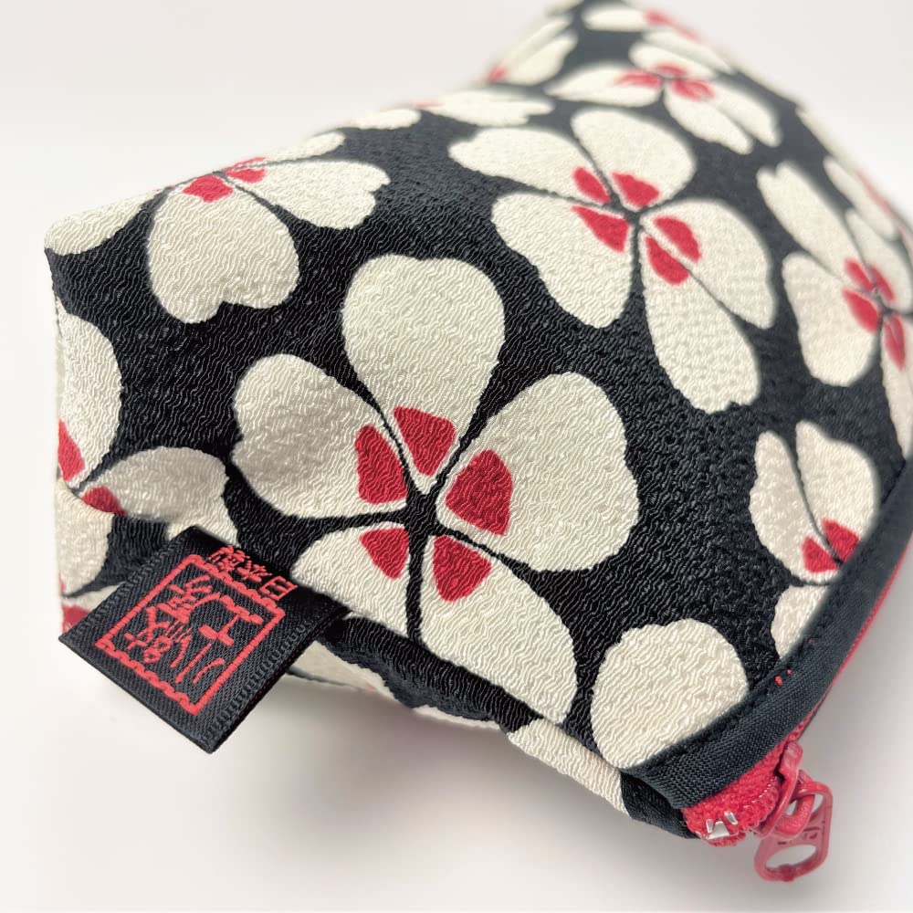 Small Makeup Bag for Purse [ Made in Japan] Traditional Edo Komon Design Cute Cosmetic Pouch (Cherry Blossom (Black))