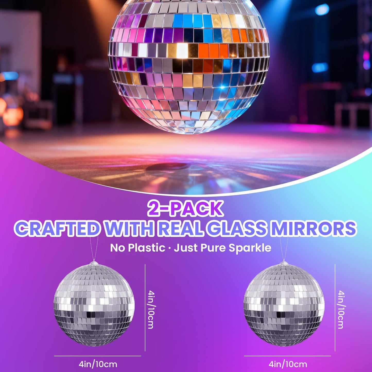 Youdepot Disco Ball 4" Inch 2-Pack,Silver Hanging Ball with Attached String for Ring,Reflects Light,Fun Party Home Bands Decorations,Party Favor.