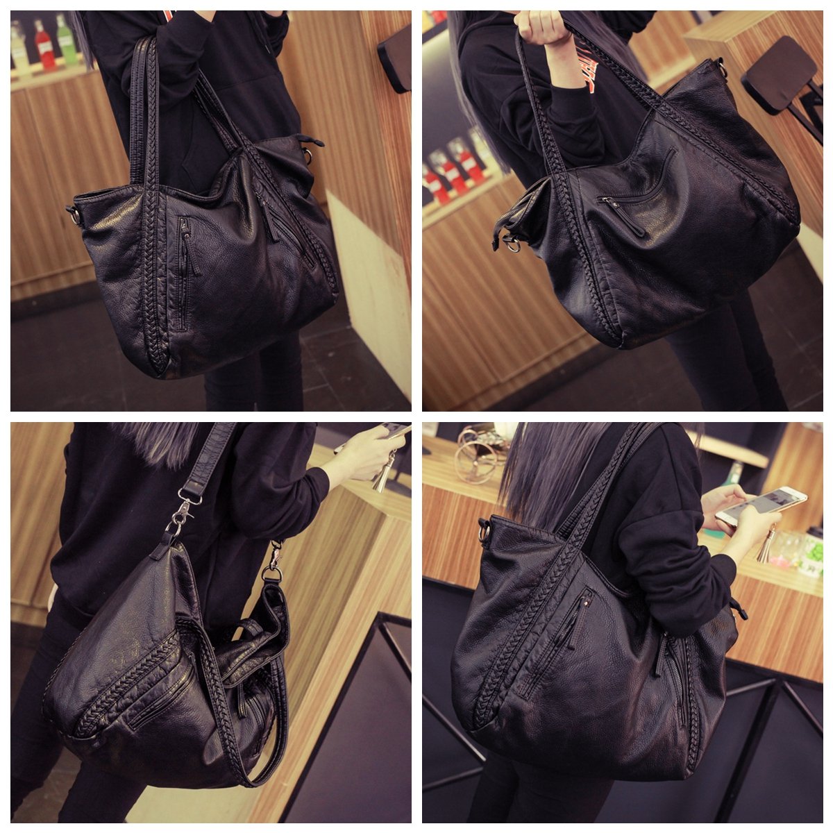 Mn&Sue Vegan Leather Hobo Bag for Women, Slouchy Shoulder Handbag with Braided Handle, Work Tote Travel Daily Purse (Medium)