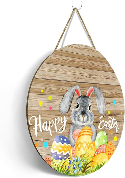 Happy Easter Bunny Door Signs Easter Eggs Rabbit Front Door Hanger Spring Wooden Porch Door Hanging Sign for Holiday Farmhouse Party Decorations