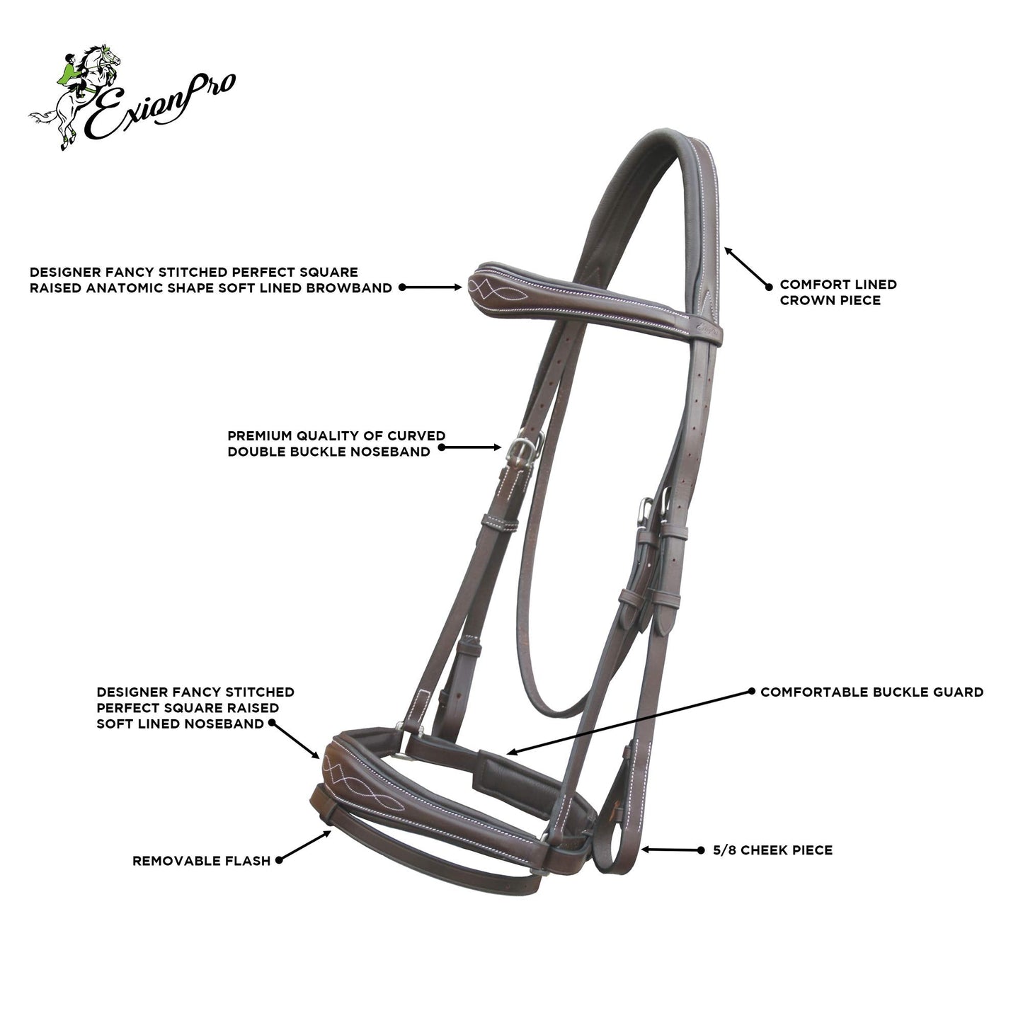 Exion Horse Dressage Bridle with Soft Padded Anatomical Crank Noseband & Reins | Fancy Square Raised Browband | Comfort Crownpiece | Premium Vegetable Tanned Leather