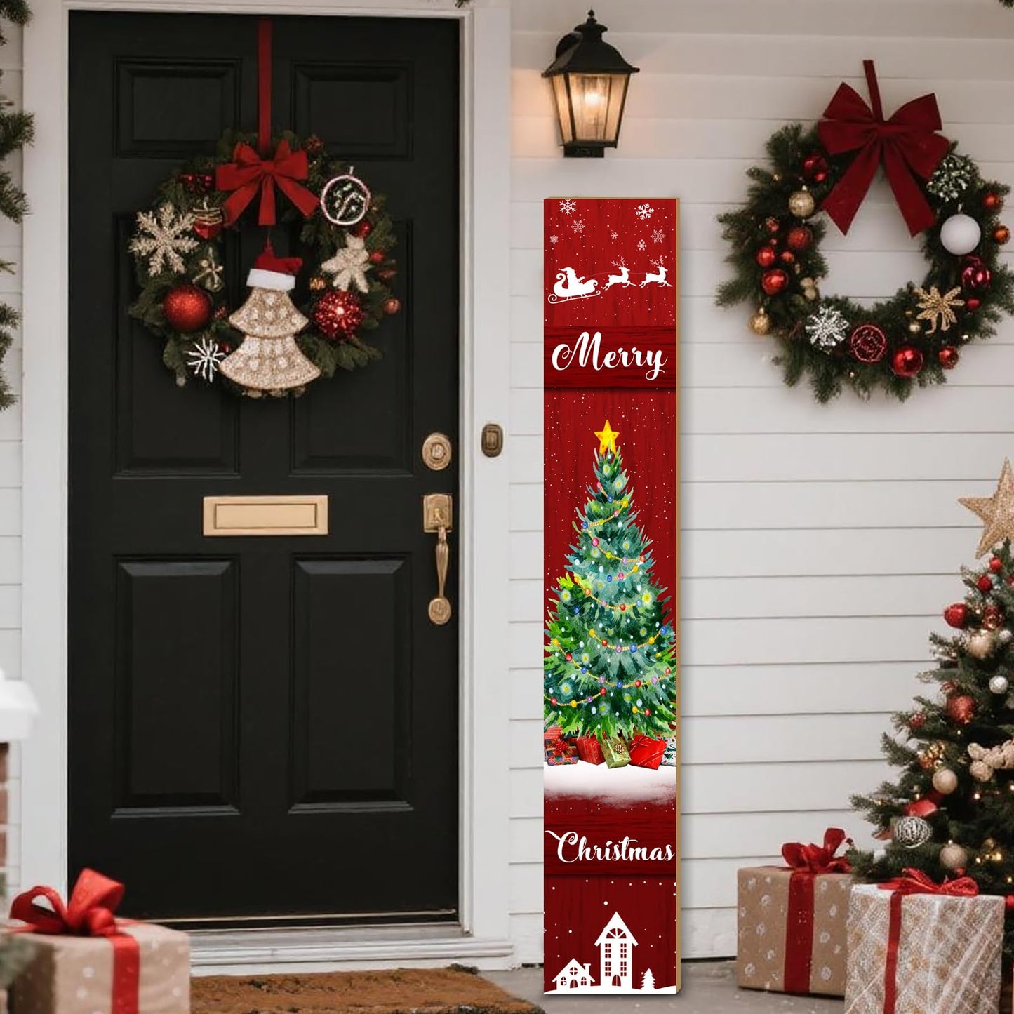 Merry Christmas Sign for Front Porch Standing, Reindeer Snowflake Wooden Sign, Xmas Welcome Porch Sign for Outdoor Yard Wall Decorations 47.2" H (Merry Christmas)