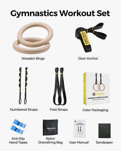 PACEARTH Wooden Gymnastics Rings Set with 8.5ft Numbered Daisy Chains and Quick Carabiners 32mm Thick Wood Gym Rings 1500lbs for Full-Body Workout at Home on Crossfit Calisthenics Strength Training
