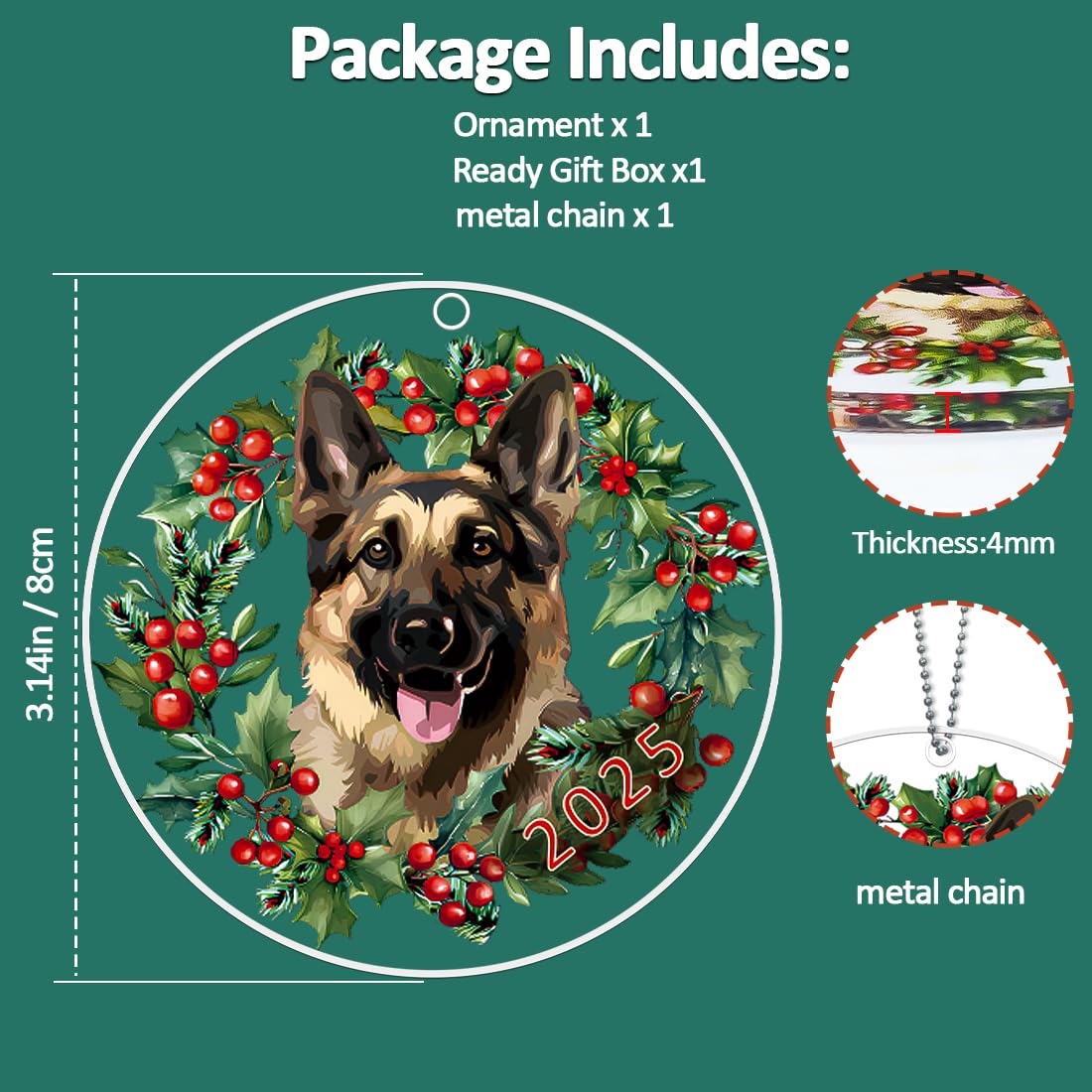 German Shepherd Ornament, Dog Christmas Ornaments 2025, Dog Ornaments for Christmas Tree - German Shepherd Gifts for Women, Men, German Gifts