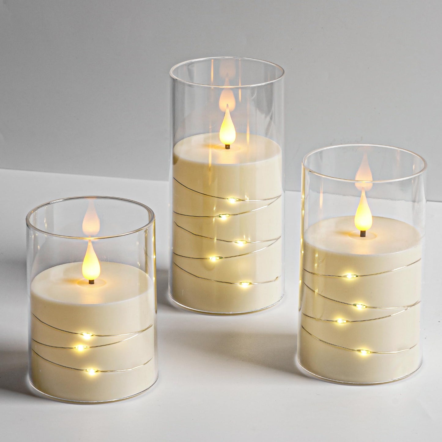 Da by 3 Pack Ivory Transparent Acrylic Flameless Taper Candles, Flickering Black Wick LED Candles with Fairy String Lights, Heat Resistant ABS Candles with Remote for Home Patio Decor