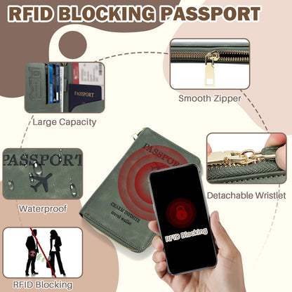 Playexen RFID Blocking Passport Wallet, Anti Theft PU Leather Passport Pouch with Tracker Case, Travel Document Organizer Zipper Wallet with Wrist Strap, Gifts for Women and Men (Brown)