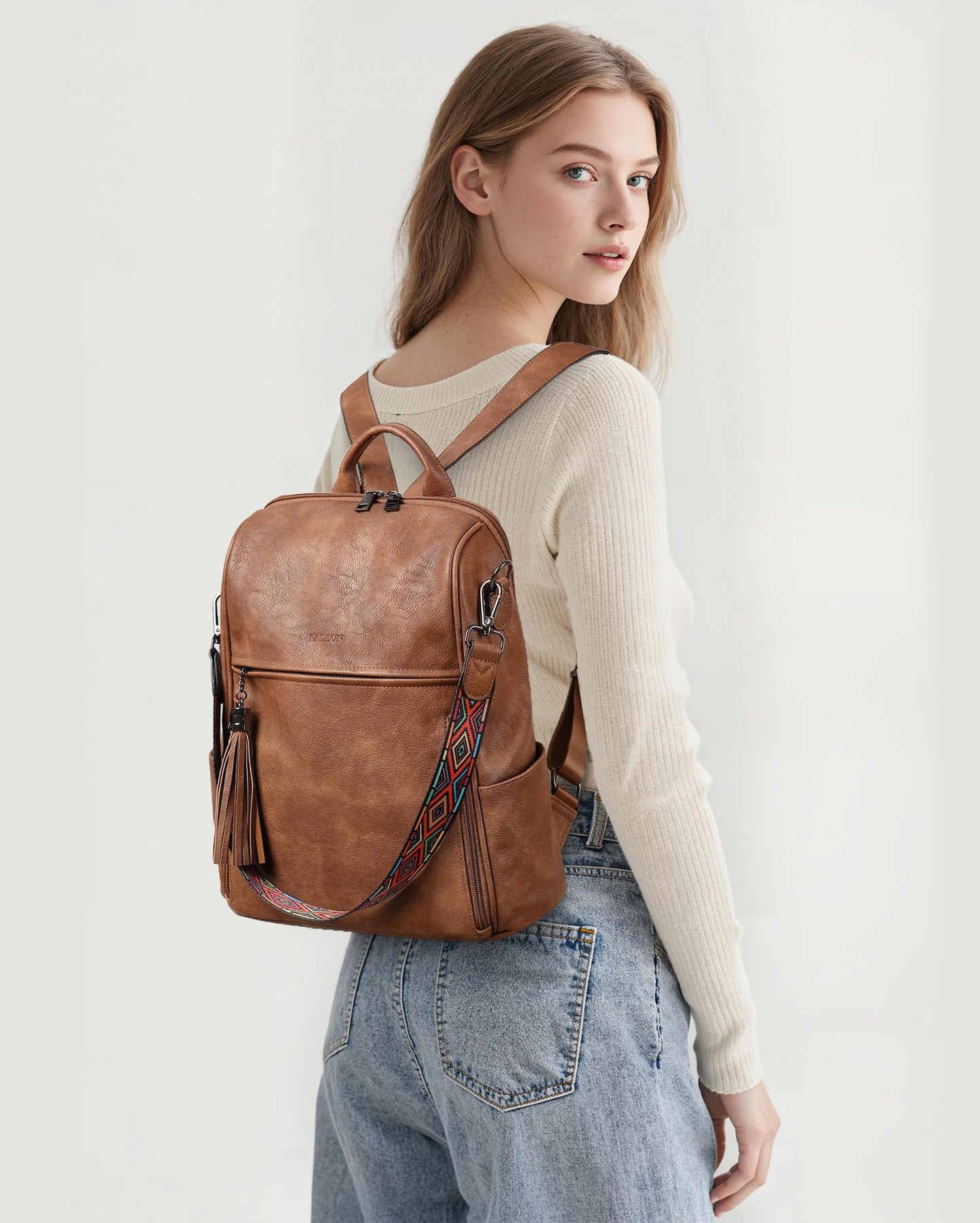 FADEON Leather Backpack Purse for Women Designer Travel Backpack Purses PU Fashion Ladies Shoulder Bag with Tassel Brown