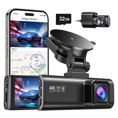 REDTIGER Dash Cam Front Rear, 4K/2.5K Full HD Dash Camera for Cars, Included 32GB Card, Built-in Wi-Fi GPS, APP Control, 3.18" IPS Screen, Night Vision, Wide Angle, WDR, 24H Parking Mode(F7NP)
