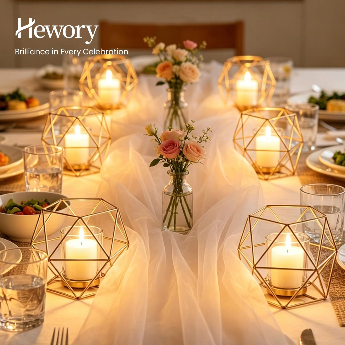 Hewory Geometric Tealight Candle Holders Gold, Modern Metal Geo Wedding Centerpieces for Table, Votive Candle Stand Accent for Tea Light for Home Shelf Mantel Christmas Birthday Party Decor, 12pcs