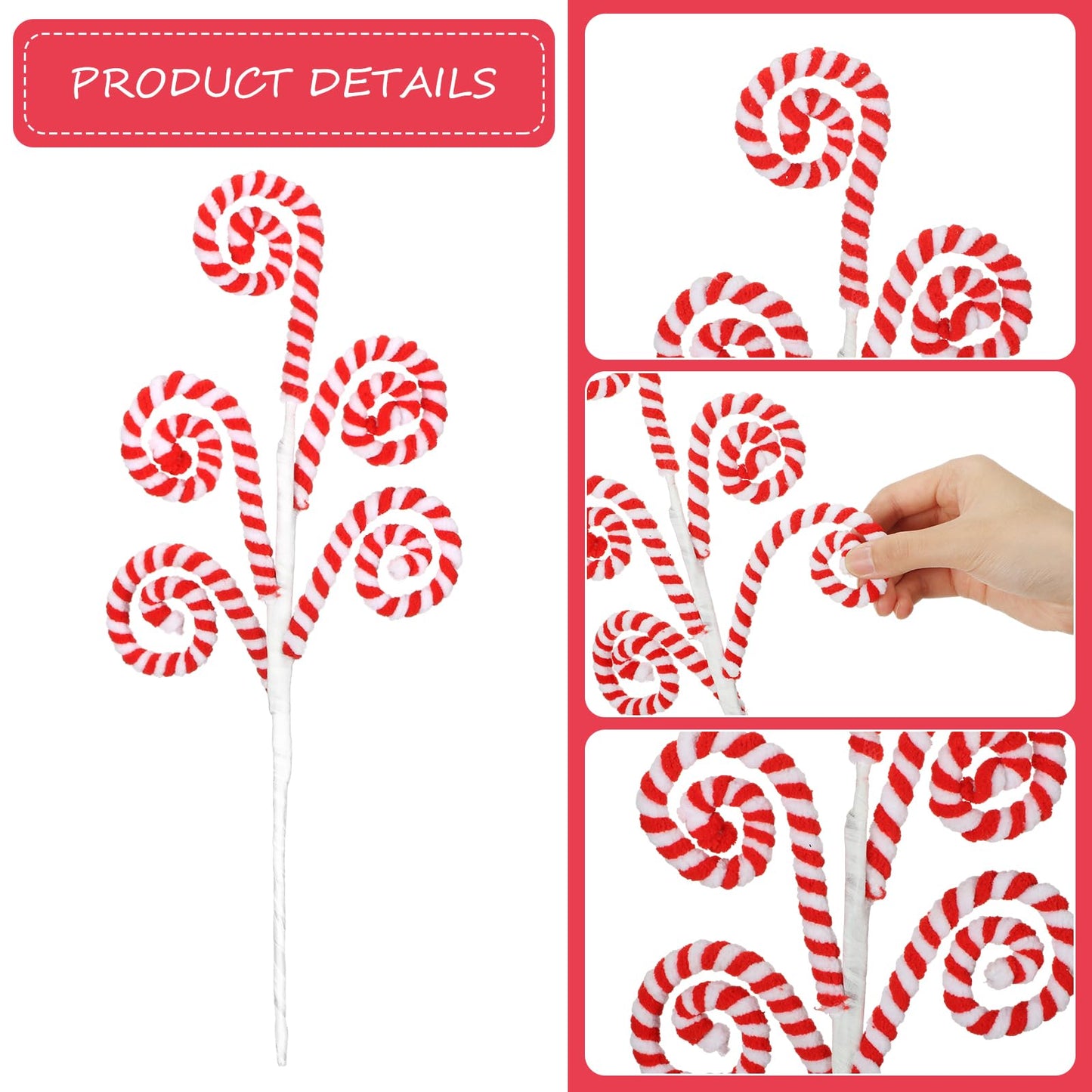Gerrii 12 Pcs Red and White Candy Cane Christmas Decoration 16" Tree Pick Peppermint Christmas Ornament Xmas Tree Topper Woolen Curly Lollipop Pick Spray for Holiday Party Vase Wreath Garland
