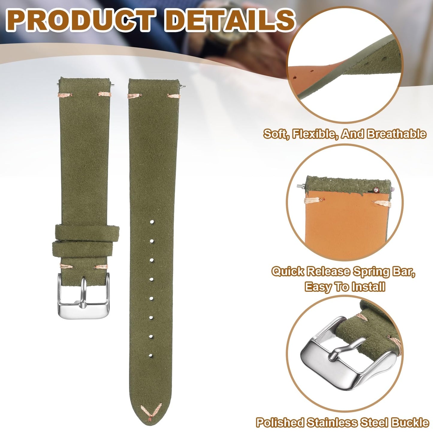 HARFINGTON Leather Watch Band 19mm Width Watch Strap Top-Grain Suede Cowhide Wrist Bands Replacement with Stainless Steel Buckle for Men Women, Dark Green