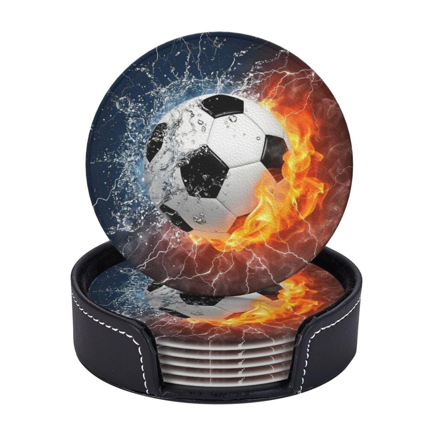 BOXIMIAO Drink Coasters with Holder Stand Set of 6, Soccer Fire Water Pu Leather Absorbent Coasters with Cork Base Table Coaster Round Coasters for Housewarming Apartment Kitchen Bar Decor