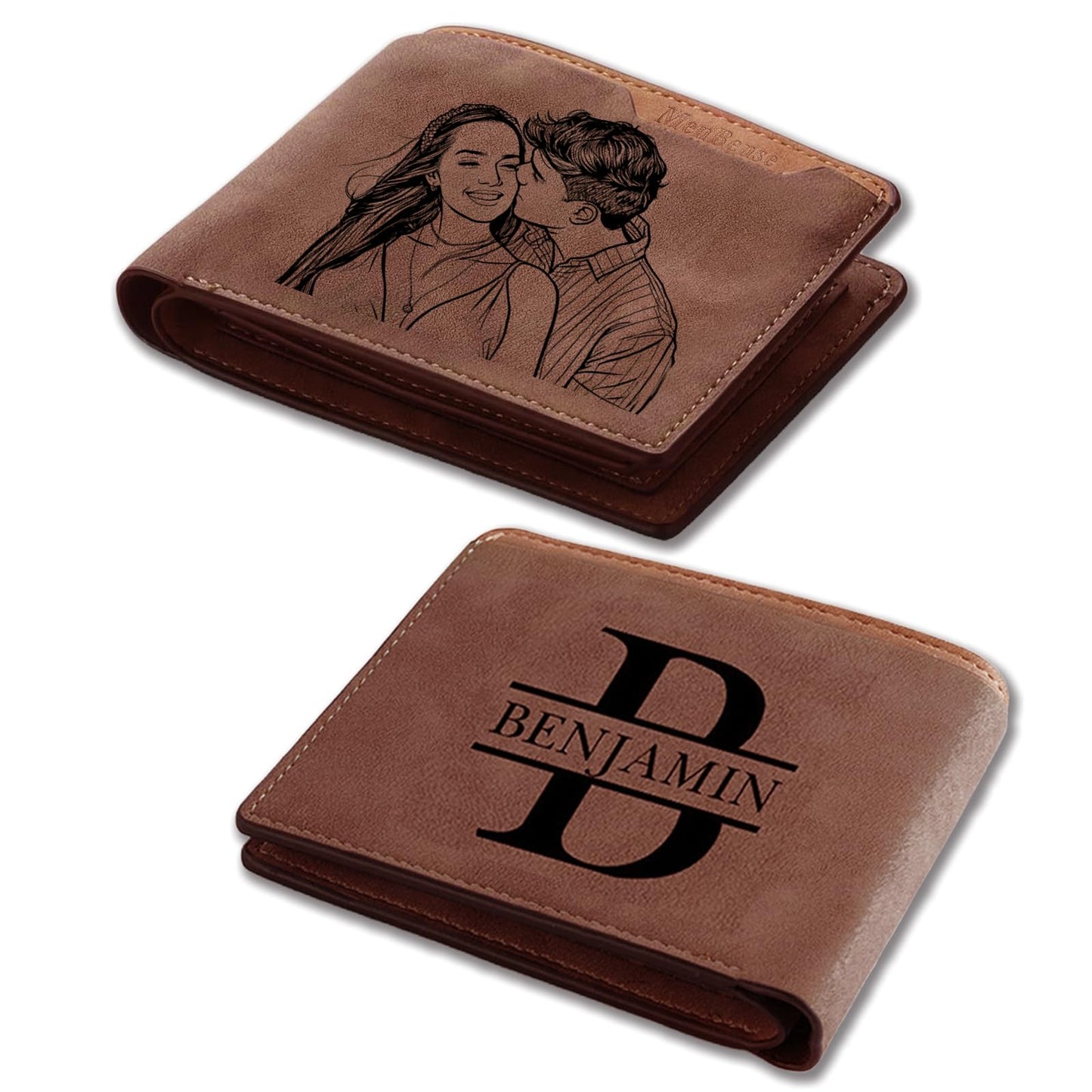 Cupike Custom Wallets for Men, Personalized Minimalist Leather Bifold Wallet Engraved with Name & Photo Initials, Customized Wallet Gifts for Fathers Boyfriend Son Husband