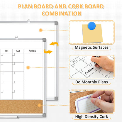 QUEENLINK Dry Erase Calendar Board for Wall, 24"x18" Magnetic Whiteboard Calendar Double-Sided Monthly White Board with Cork Board, Aluminum Frame Memo Message Board for Office, Home, School, Kitchen