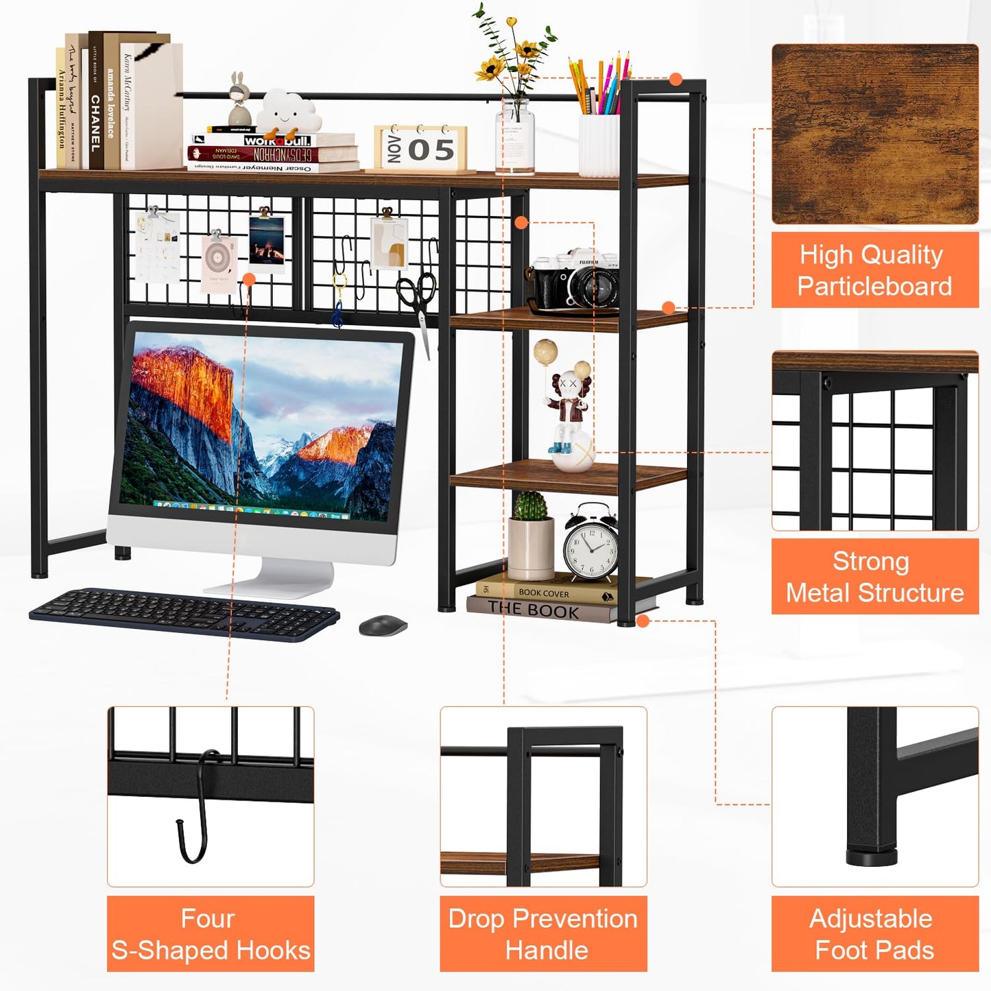 Snughome Desk Shelf, 38.6" Desktop Organizer Shelf, Desk Hutch for Computer Monitor, 4 Tier Desk Display Rack with Pegboard Hooks Set, Wood Desktop Bookshelf for Home Office Dorm