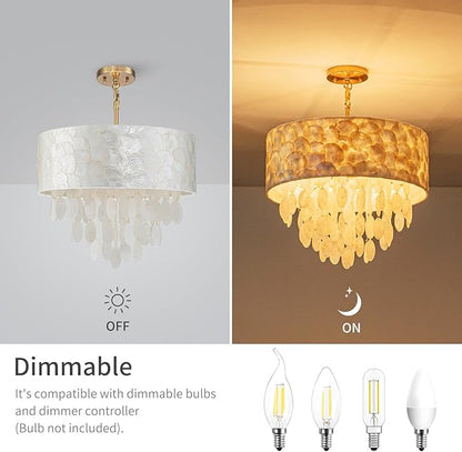 4-Lights Drum Capiz Shell Chandeliers, Coastal Style Pendant Light Fixture for Dining Room, Living Room, D18 x 21~68"(Adjustable Height), Shell Lampshade & Gold Finish
