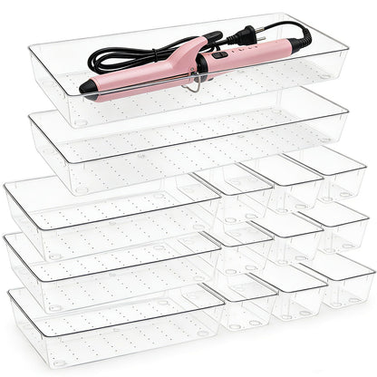 14 Pcs Clear Plastic Drawer Organizer Tray with 2 Pcs 15"x6" Extra Large Trays, Multi-Purpose Storage Bins for Vanity, Makeup, Kitchen Utensils, Bathroom, Office Desk, Auto Tools & Craft Supplies