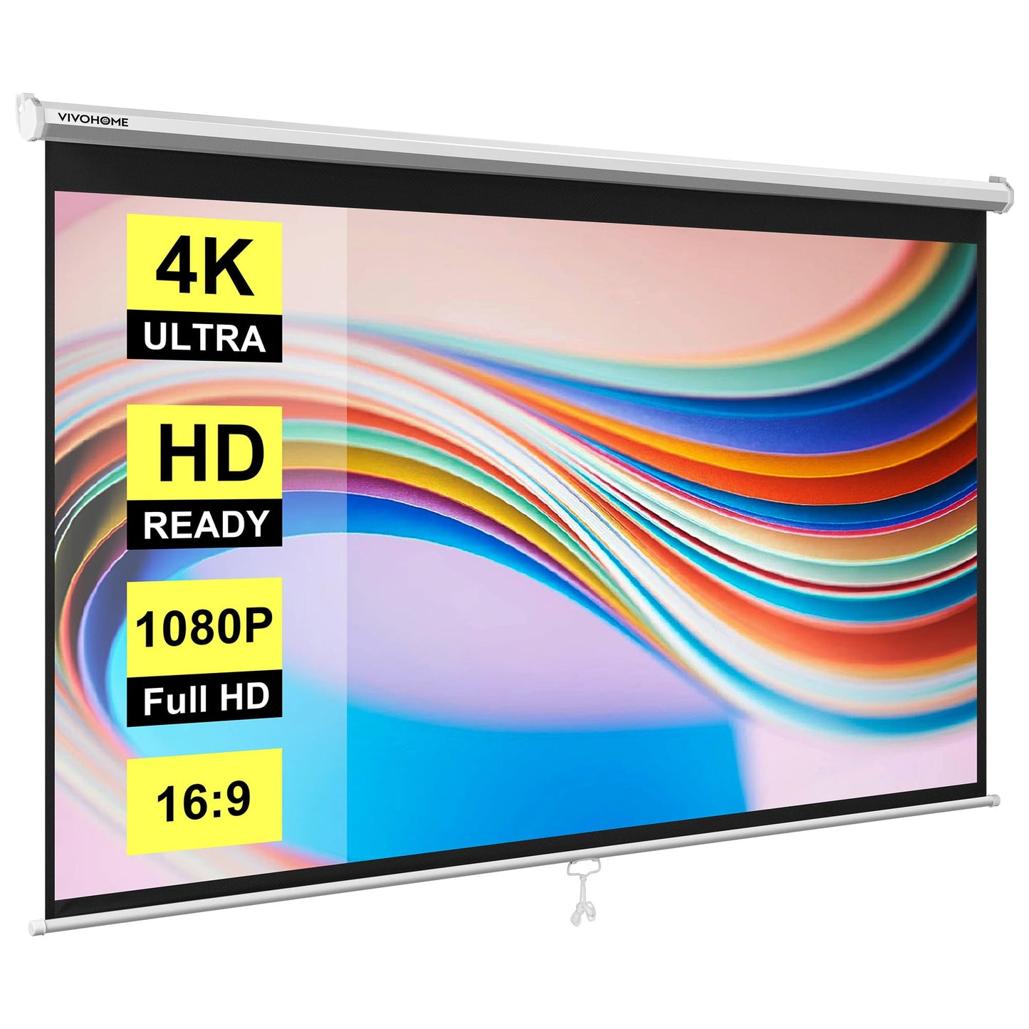 VIVOHOME Projector Screen Pull Down, 16:9 100 Inch Retractable Projection Screen, HD 4K Manual Pull Movie Screen for Home Theater, Cinema, Office (87x49 Inch White)