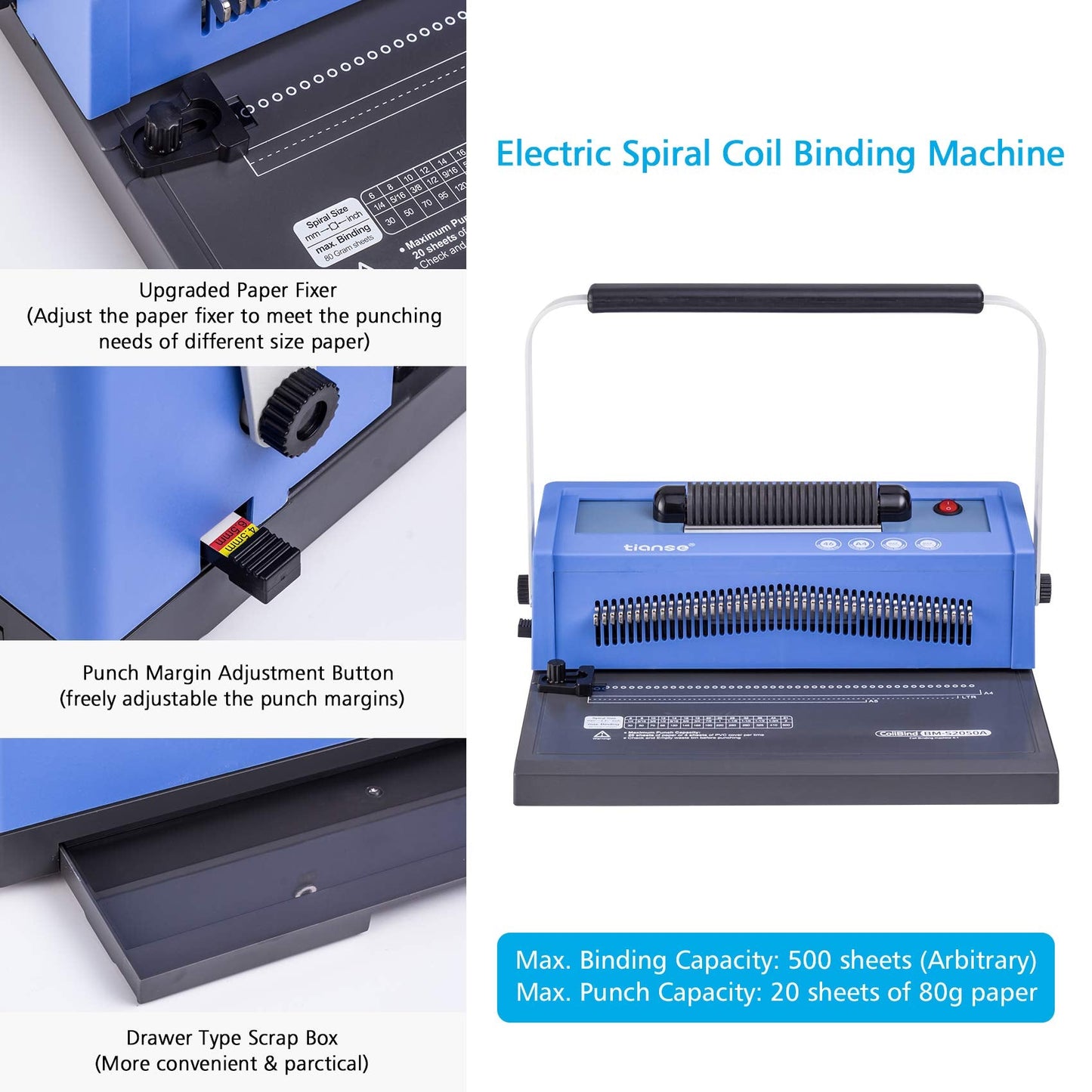 TIANSE Spiral Coil Binding Machine, Manual Book Maker Punch Binder with Electric Coil Inserter, Disengaging pins, Adjustable Side Margin, Comes with 100pcs 5/16'' Plastic Coil Binding Spines & Plier