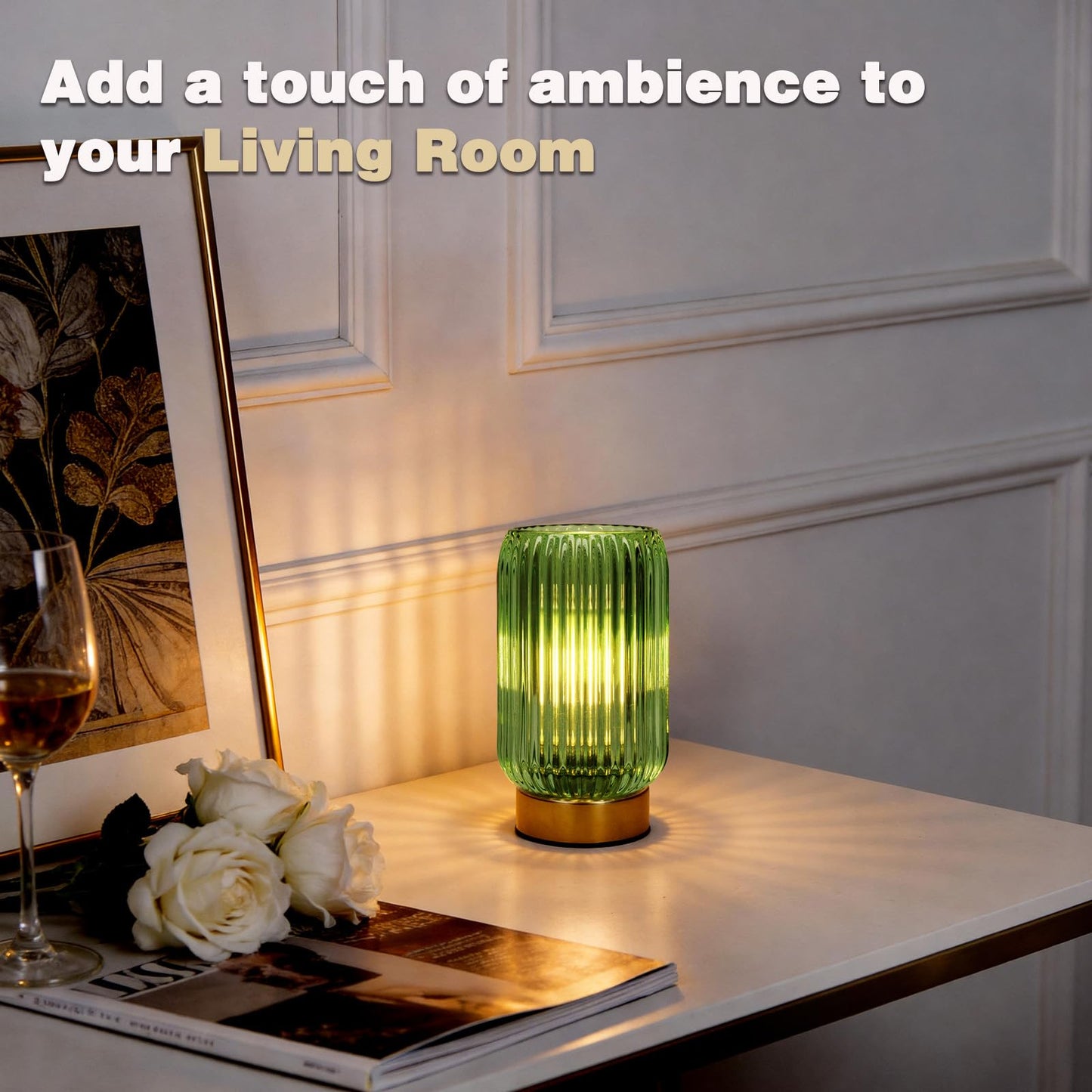 MJ PREMIER Cordless Lamp, Battery Operated Lamp with Timer, Green Glass Lampshade, Small Table Lamps for Area No Plug, Decorative Led Light for Bedroom Living Room Shelf (Green)