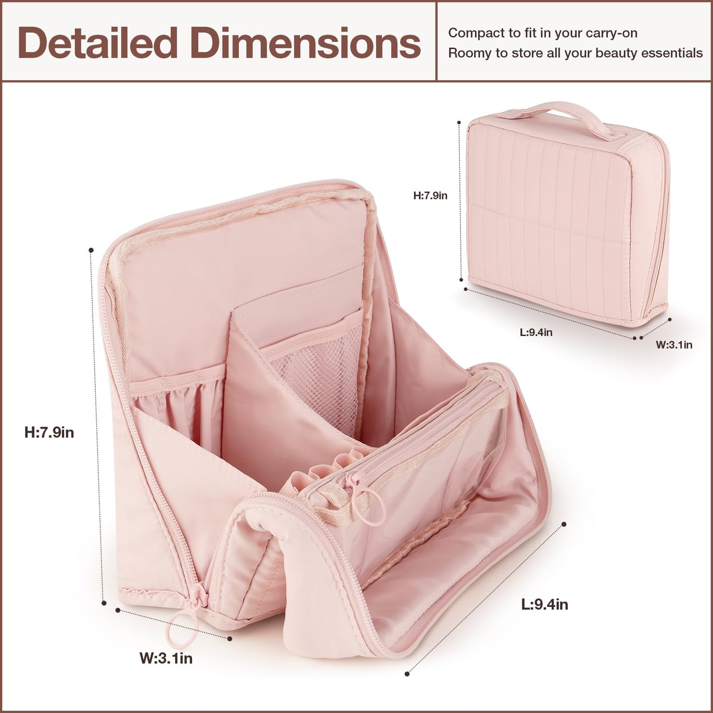 Abiudeng Standing Makeup Bag Stand up Make up Bag Travel Toiletry Bag with Multiple Compartments Large Capacity for Women Business Trips Fitness and Daily Commutes (Pink)