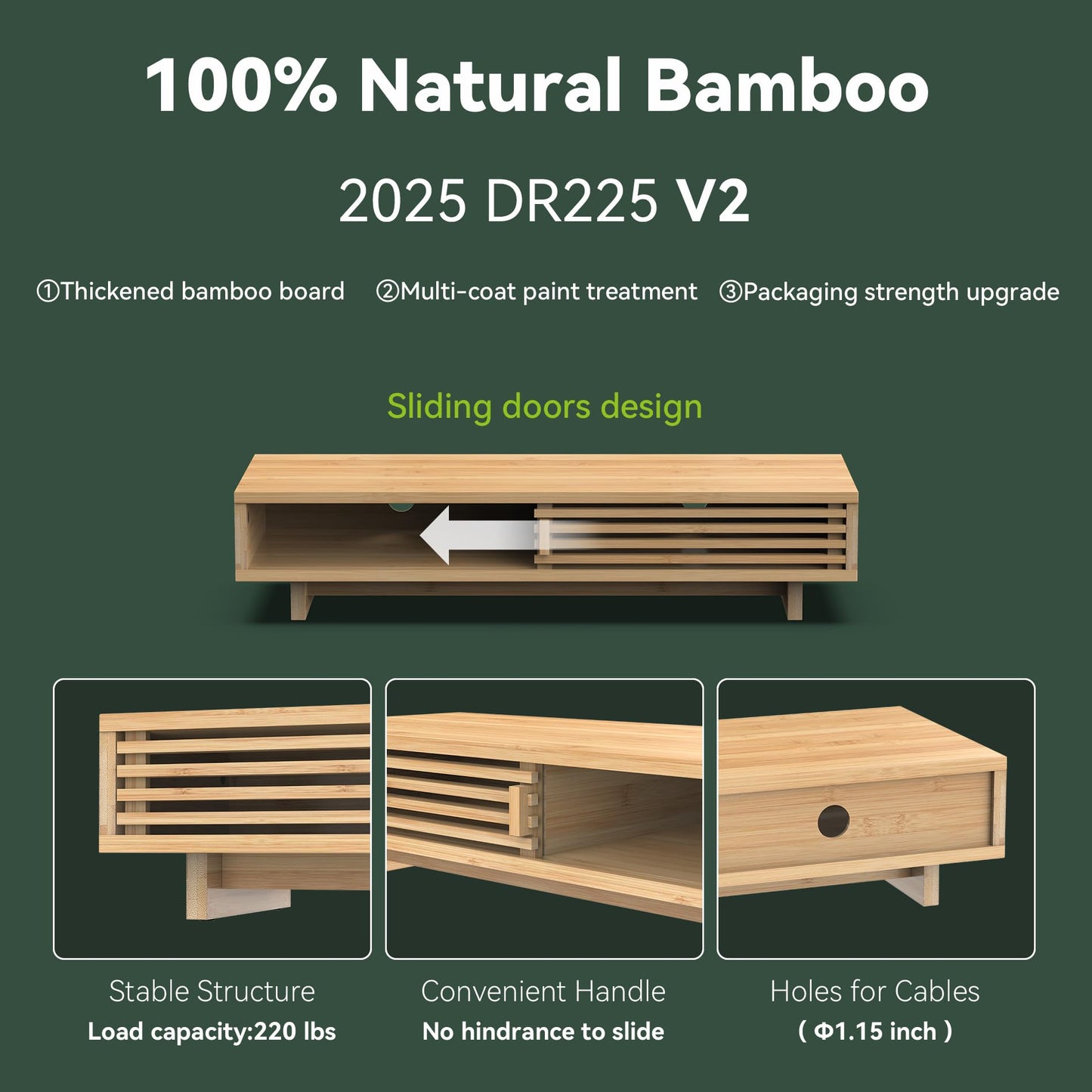 WELL WENG Monitor Stand Riser with Sliding Door, Computer Laptop Stand Desk Shelf Organizer with Storage (Natural Bamboo, 25 Inch)