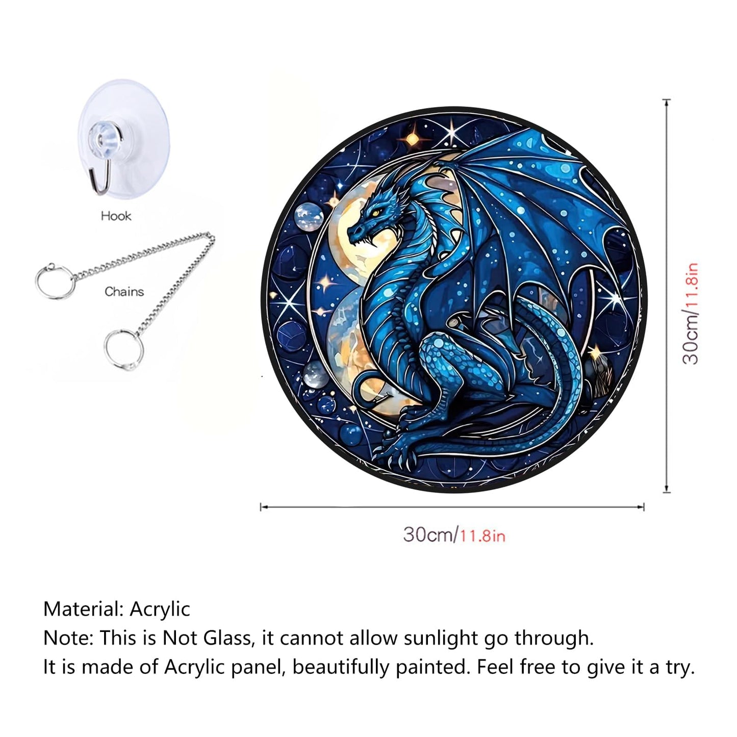 MATIHAY Cartoon Dragon Acrylic Window Hanging Ornament, Moon Dragon Wall Art Decor for Bedroom Birthday Party Supplies Halloween Christmas Decoration (Blue, 11.8"/30cm)