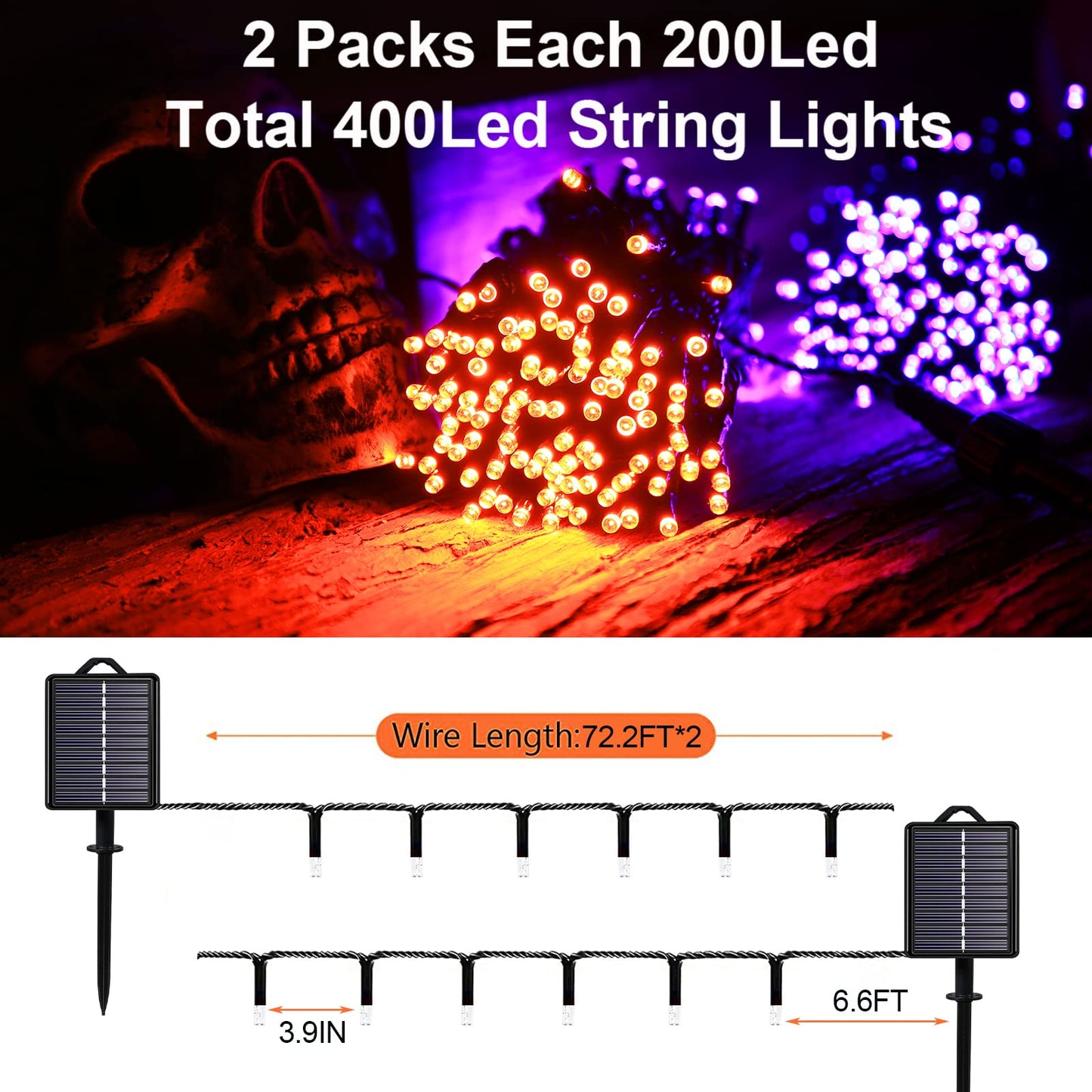 Solar Halloween String Lights Outdoor Orange, 2Pack 144ft 400 LED Spooky Lights 8 Modes with Timer, IP44 Waterproof Twinkle Lights for Fall Party, Patio, Garden Decor