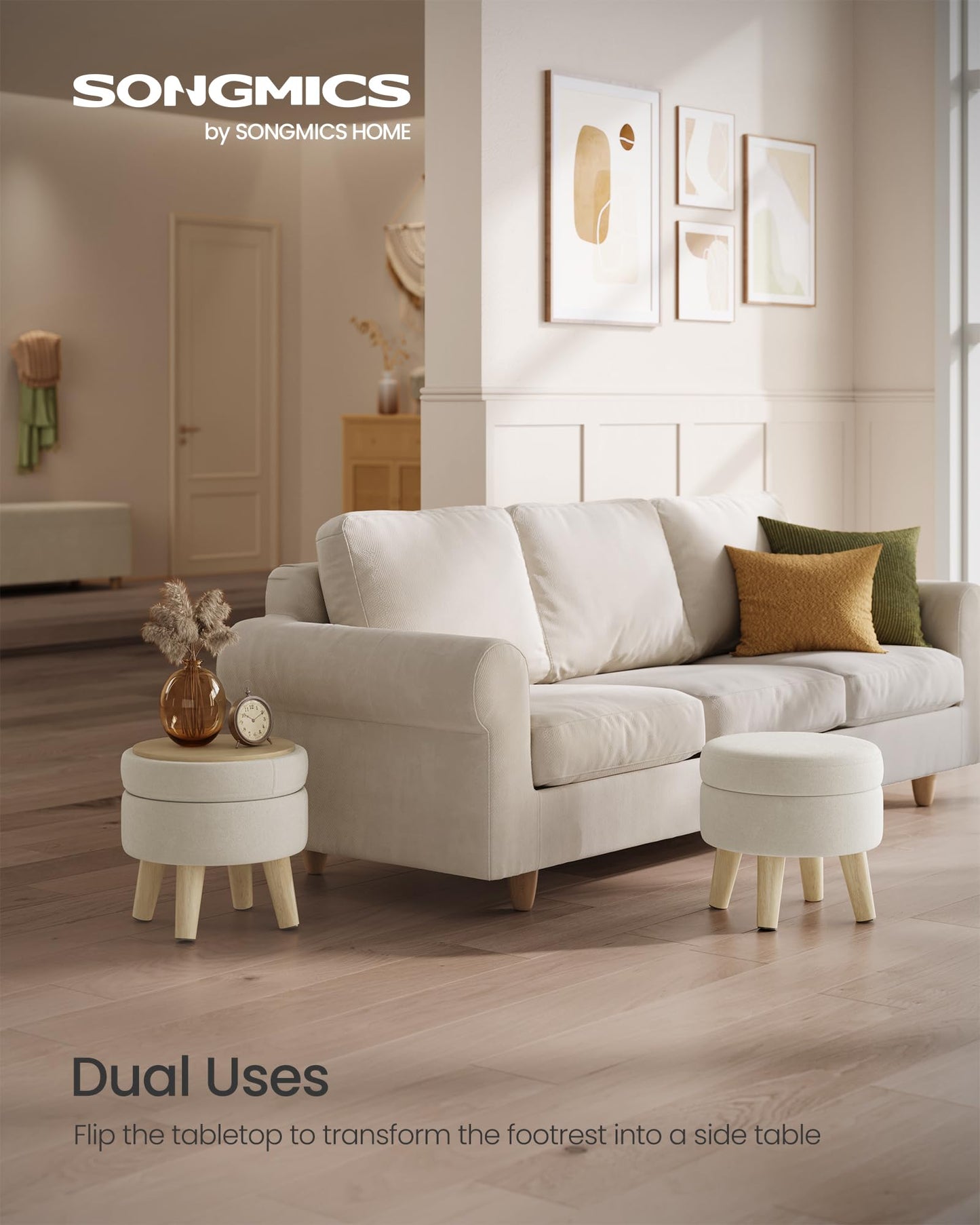 SONGMICS Storage Ottoman, Foot Stool, Round Ottoman with Padded Seat, Foot Rest with Wood Legs, Small Table, for Hallway, Living Room, 12.2 Inches, Velvet, Cream White ULOM513LH01